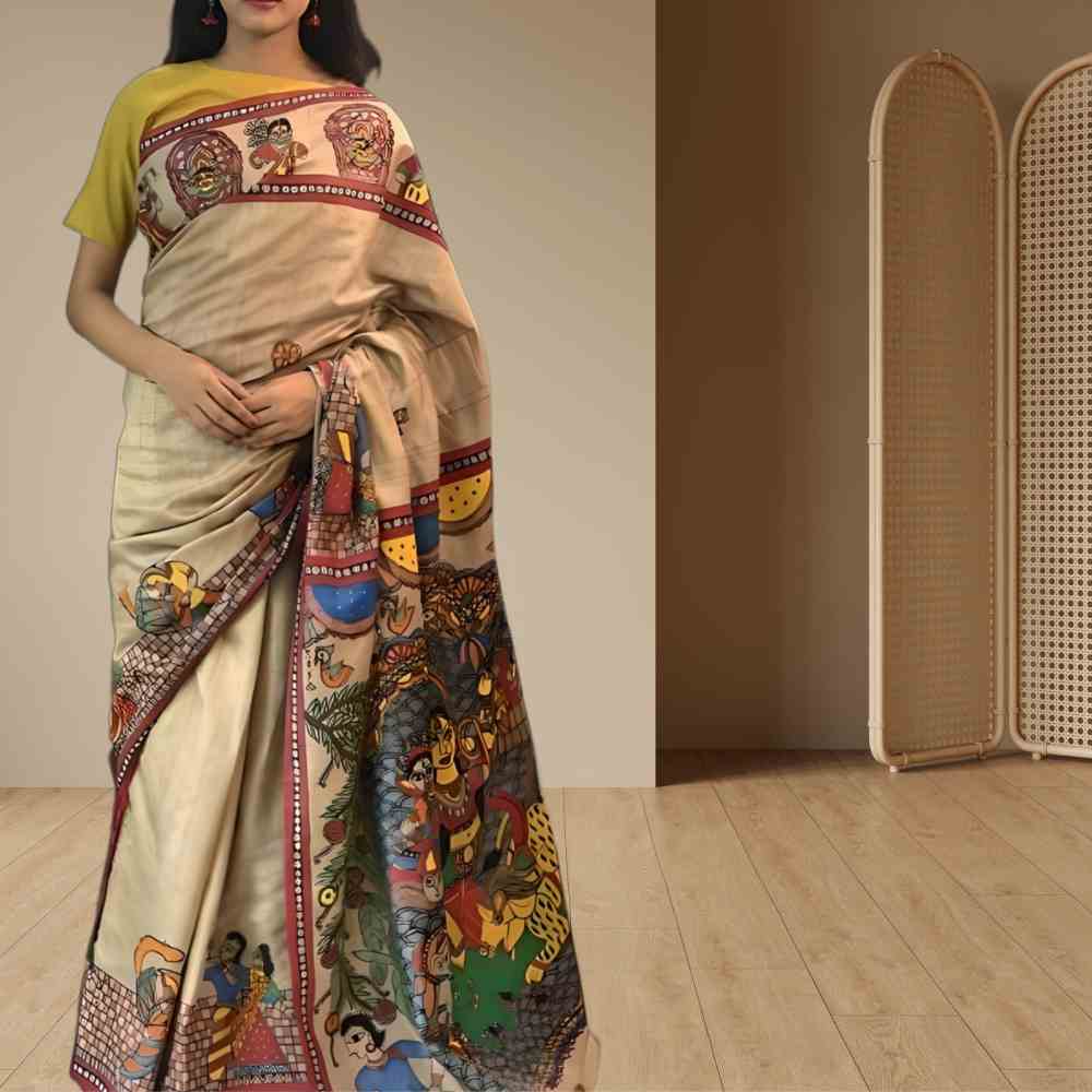 Tussar Saree with Madhubani Bride, Doli, and Kaahar Painting